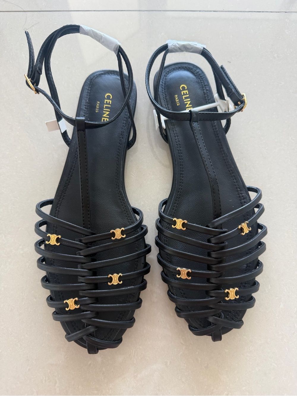 Celine Black Strappy Leather Sandals with Gold Logos